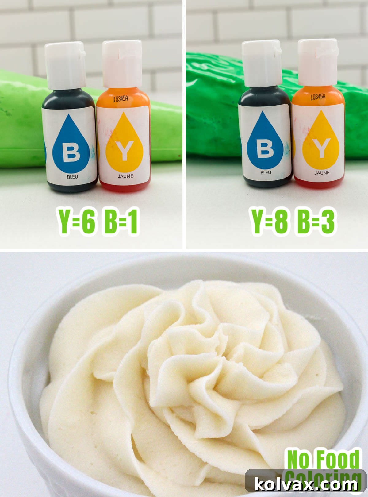 A collage demonstrating the process of coloring buttercream frosting into various shades of green and leaving one white, with bowls of yellow and blue food coloring nearby.