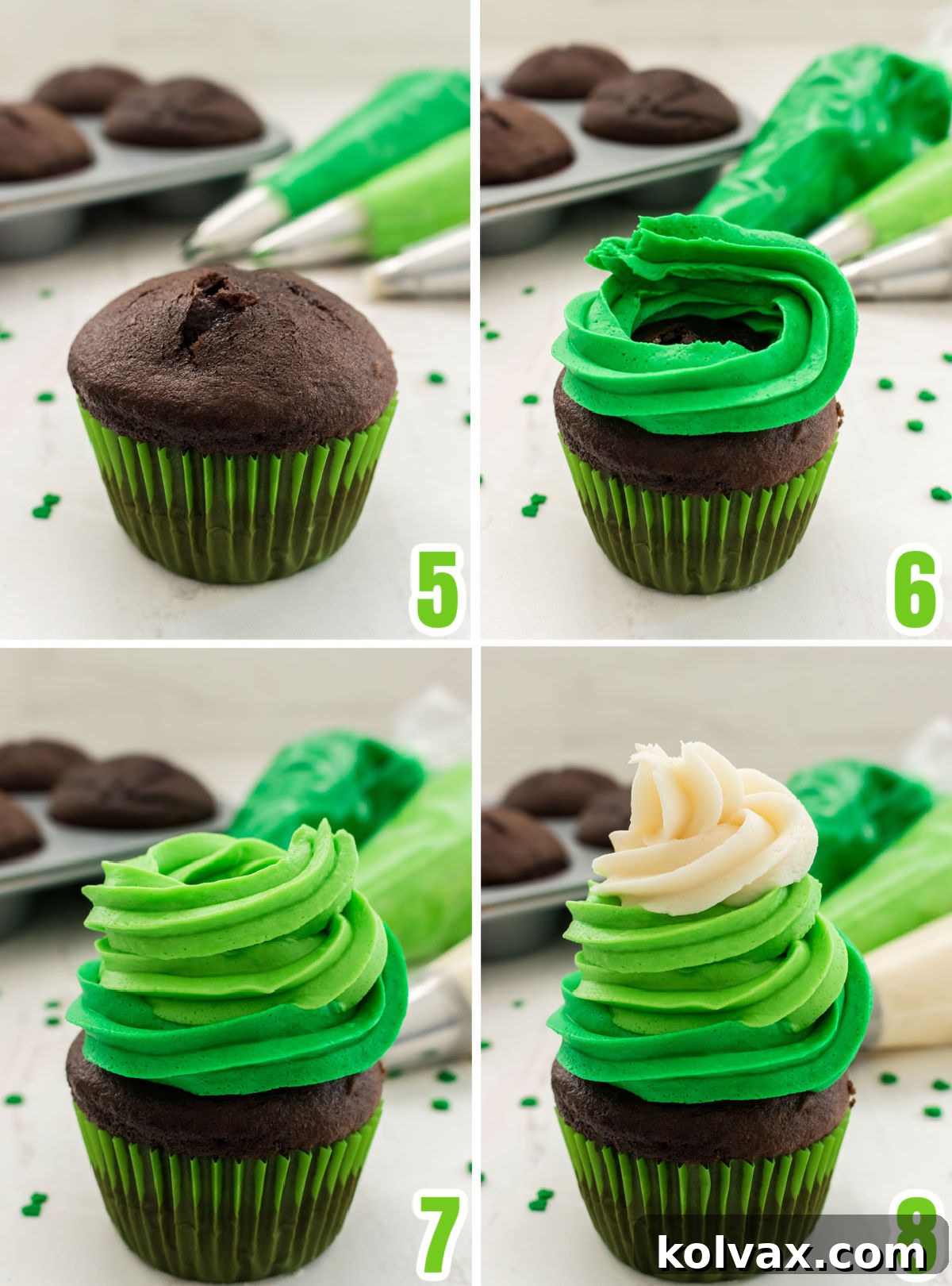 A step-by-step collage demonstrating how to create the distinctive three-color frosting swirl on a chocolate cupcake, showing the dark green, light green, and white layers.