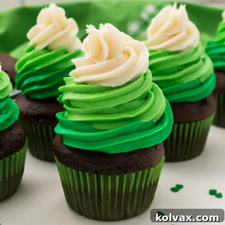 St. Patrick's Day Cupcakes with green and white swirls