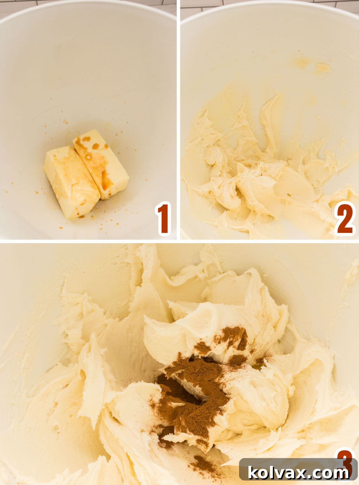 Heavenly Cinnamon Buttercream 3 A visual guide demonstrating the initial steps of making cinnamon buttercream: creaming together softened butter, fragrant vanilla extract, and aromatic ground cinnamon in a mixing bowl until perfectly blended.