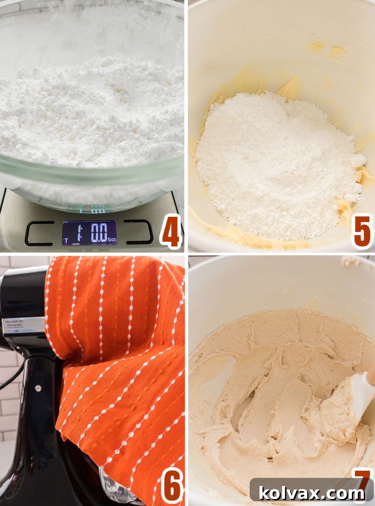 Heavenly Cinnamon Buttercream 4 A detailed collage showing the process of incorporating powdered sugar into the butter and cinnamon mixture for the cinnamon buttercream frosting. This highlights the gradual addition and mixing stages.