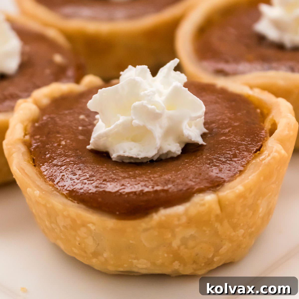Closeup on a Mini Pumpkin Pie topped with a tiny dollop of whipped cream on a white dessert plate, inviting a taste of autumn.