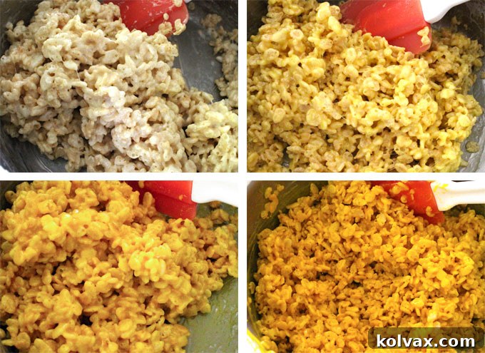 Mixing yellow food coloring into melted marshmallow for ombre treats