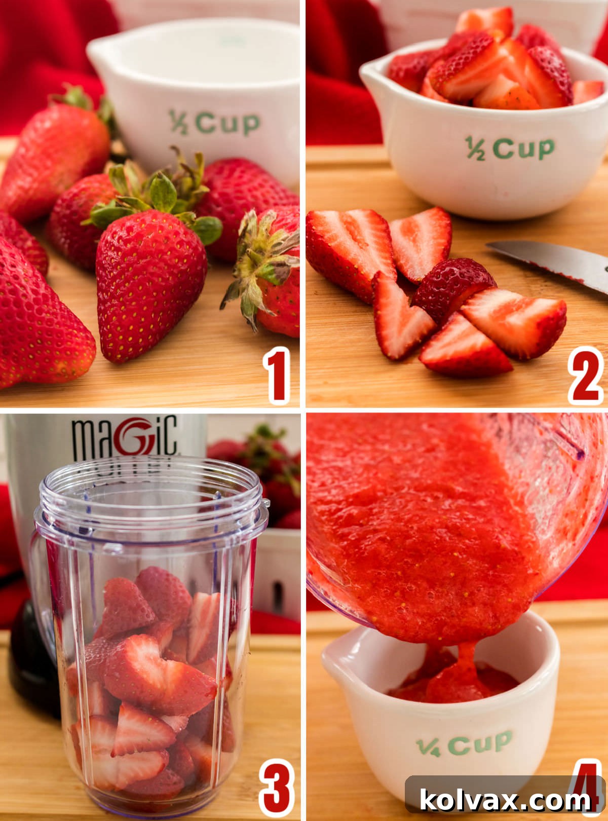 A four-panel collage illustrating the process of preparing strawberries for puree: washing, hulling, chopping, and finally, the resulting smooth puree.