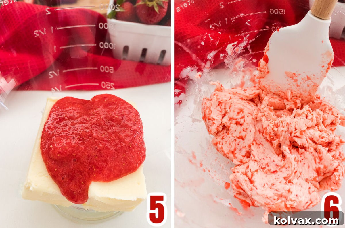 A two-panel collage showing the process of creaming softened butter with strawberry puree in a mixing bowl.