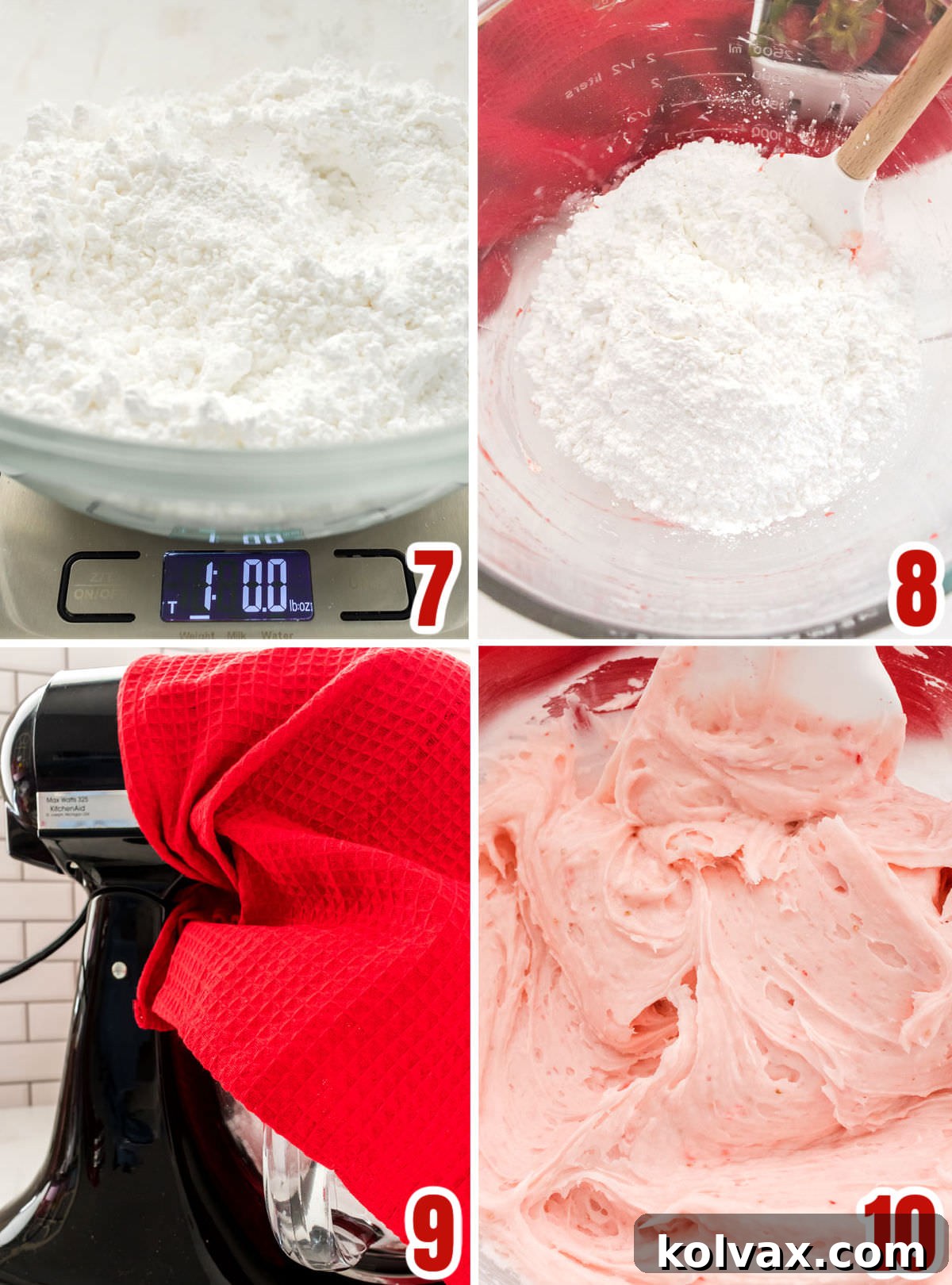 A three-panel collage demonstrating the steps to mix powdered sugar into the butter and strawberry mixture: measuring sugar, adding to bowl, and mixing until smooth.