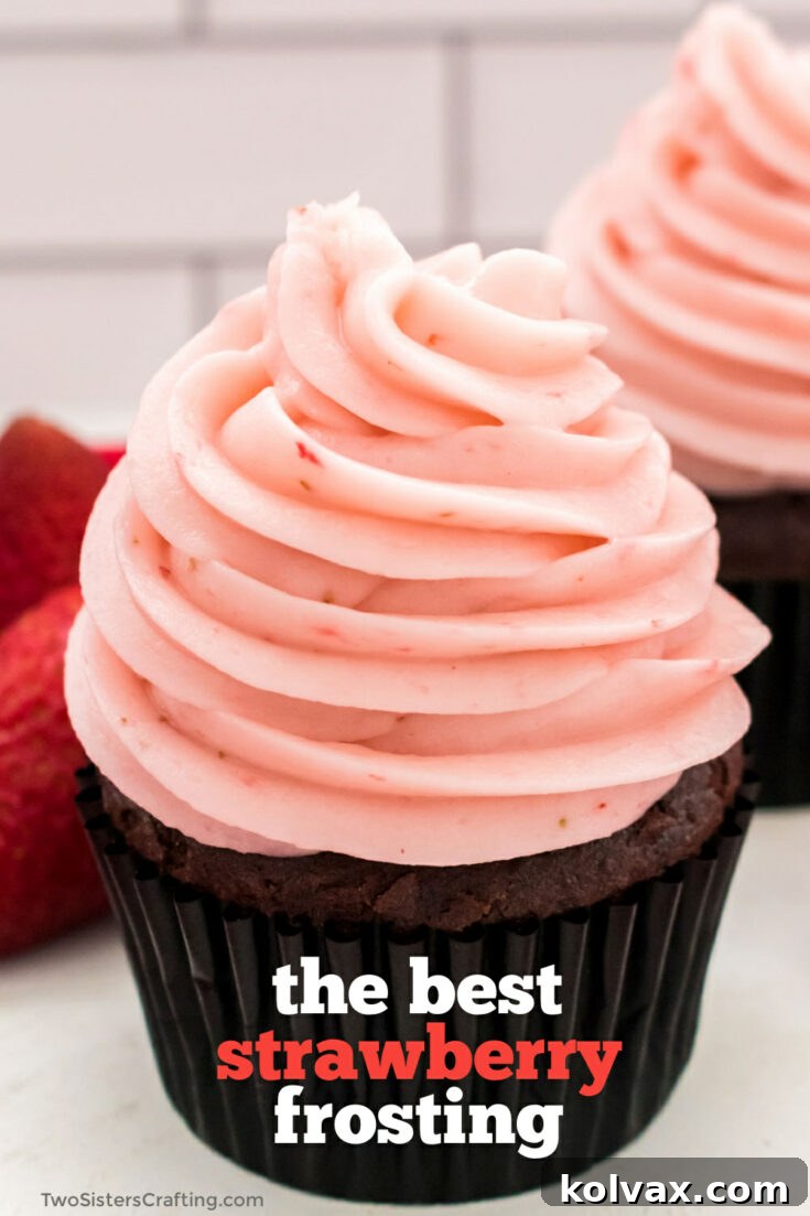 A final close-up image showing the beautiful texture and color of the homemade strawberry buttercream frosting, possibly on a frosted dessert or in a bowl ready for use.