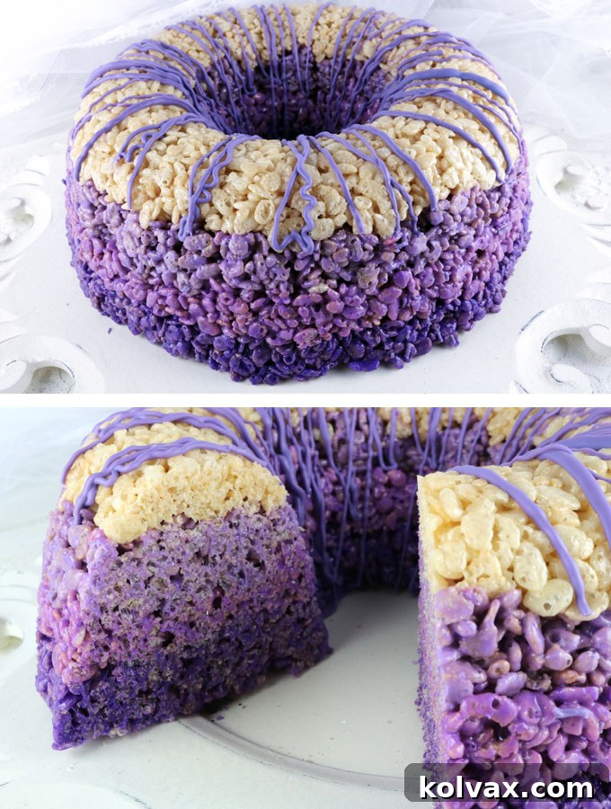 Ombre Rice Krispie Cake - A gorgeous, delicious, and truly unique dessert. This lovely purple ombre treat will be a hit with your family or party guests. Everyone adores Rice Krispie Treats, and transforming them into this easy-to-make, stunning cake makes it a must-try. Pin for later and follow us for more amazing Rice Krispie Treat recipes and dessert ideas.