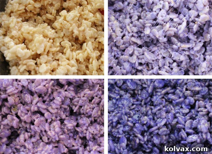 Ombre Rice Krispie Treat mixtures - A visual guide to preparing the different shades of Rice Krispie Treat mixtures needed for your gorgeous Ombre Rice Krispie Cake. See the vibrant purple hues ready to be layered, showcasing the beauty of the color transition before assembly.