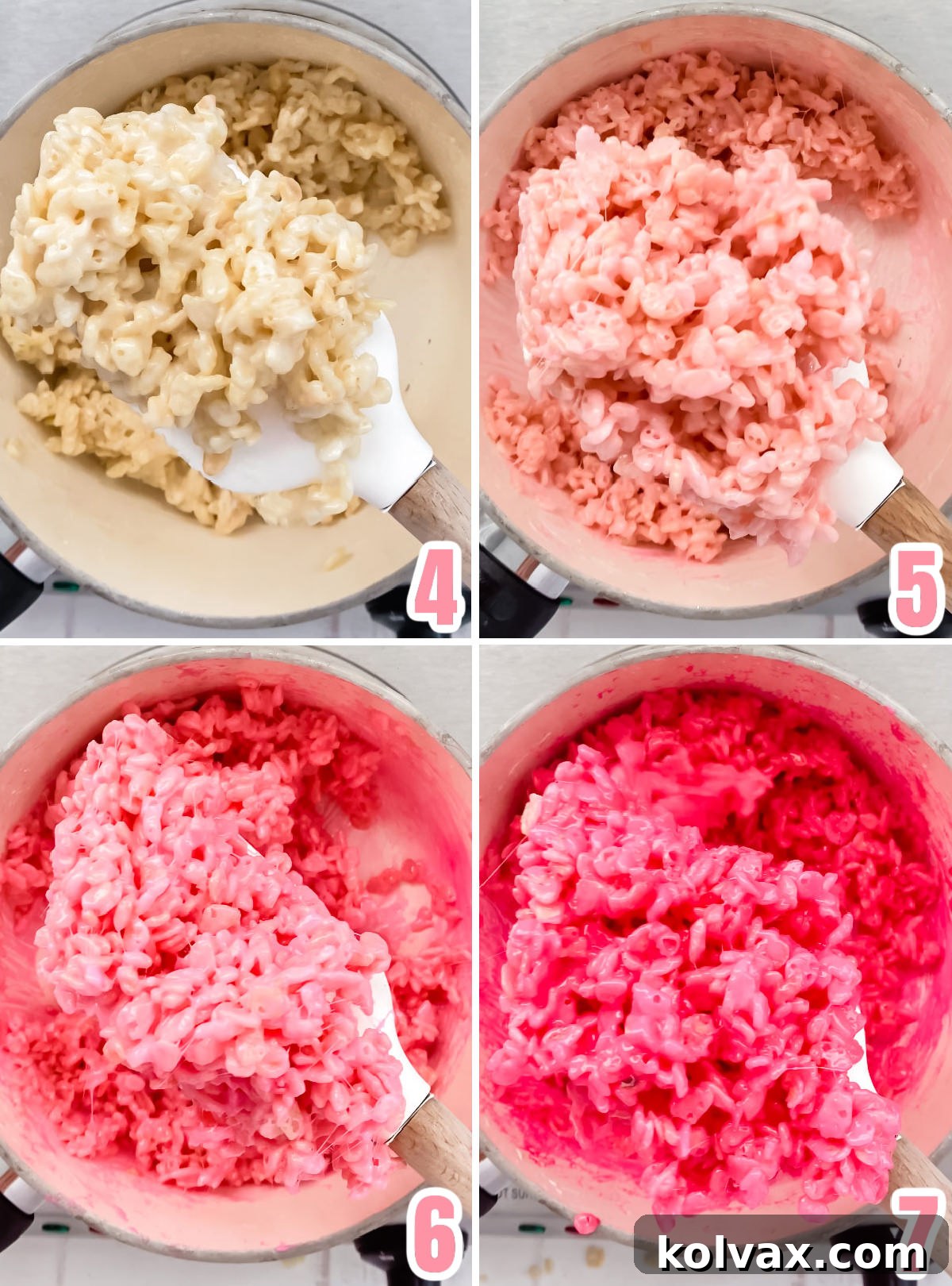 A four-part collage showing the steps of tinting Rice Krispie Treats mixture. Each panel shows a different shade of pink (dark, medium, light, and white) being mixed with Rice Krispies cereal in a pan, demonstrating the coloring process for the ombre effect.