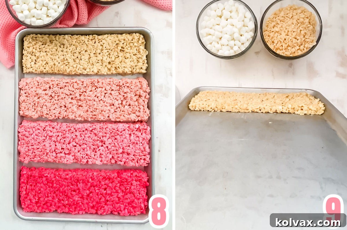 A collage showing the process of pressing individual colored Rice Krispie Treat mixtures into long, even strips on a large baking sheet, preparing them for stacking into an ombre loaf.