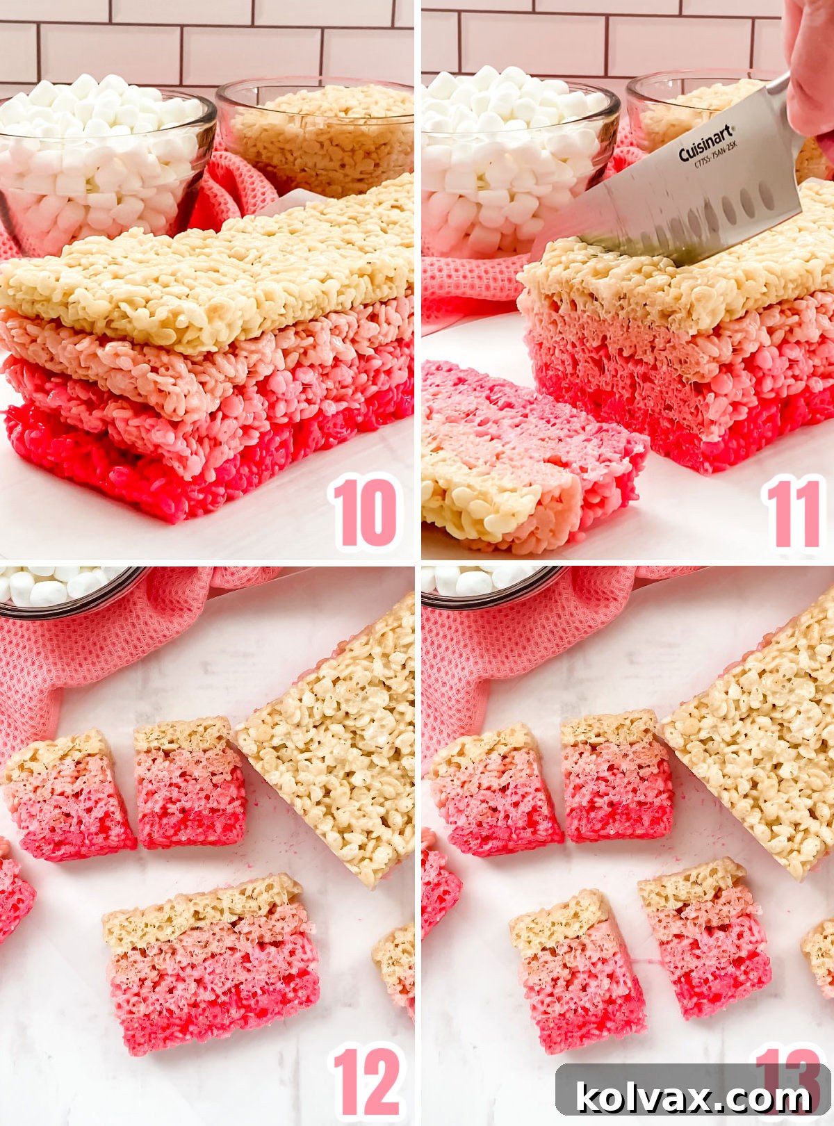 A collage demonstrating the stacking and cutting of Ombre Rice Krispie Treats. The top image shows the four colored strips (dark to light pink) stacked into a loaf. The bottom image shows the loaf being cut into individual ombre slices with a sharp knife.