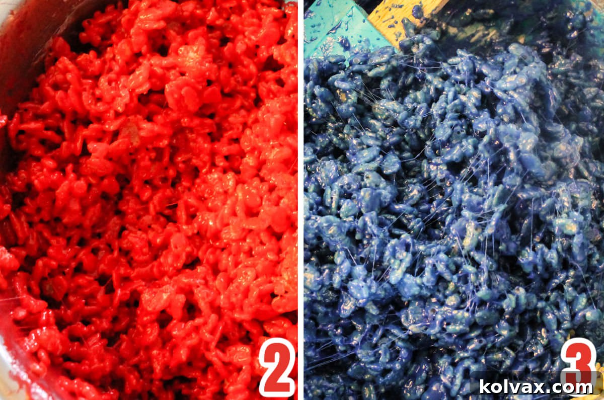 Collage image showing how to color the Rice Krispie Treat mixture red and dark blue.