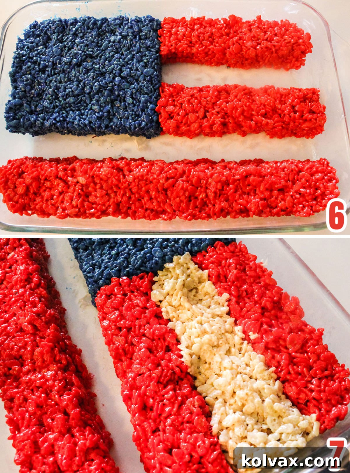 Collage image showing how to create the Red Stripes out of the Rice Krispie Treat mixture.