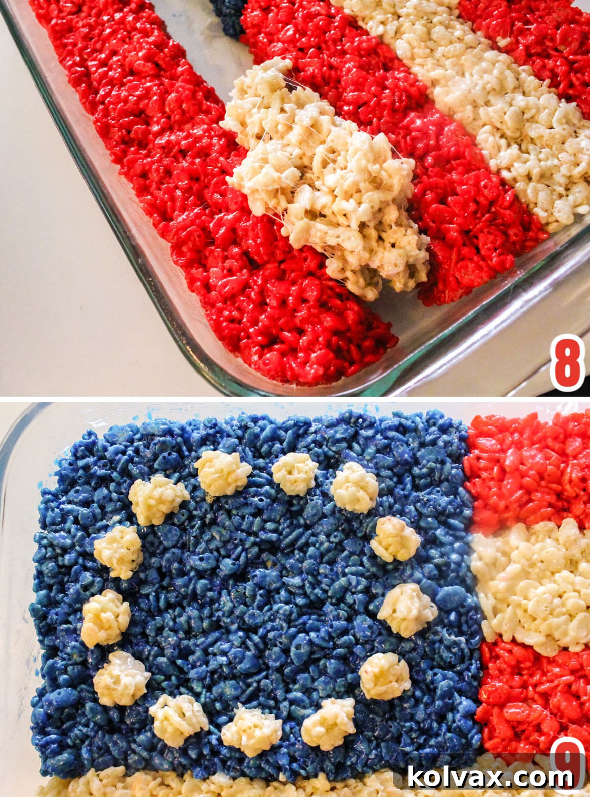 Collage image showing how to add the white stripes to the American Flag Rice Krispie Treat as well as how to add the thirteen starts to the blue portion of the flag.