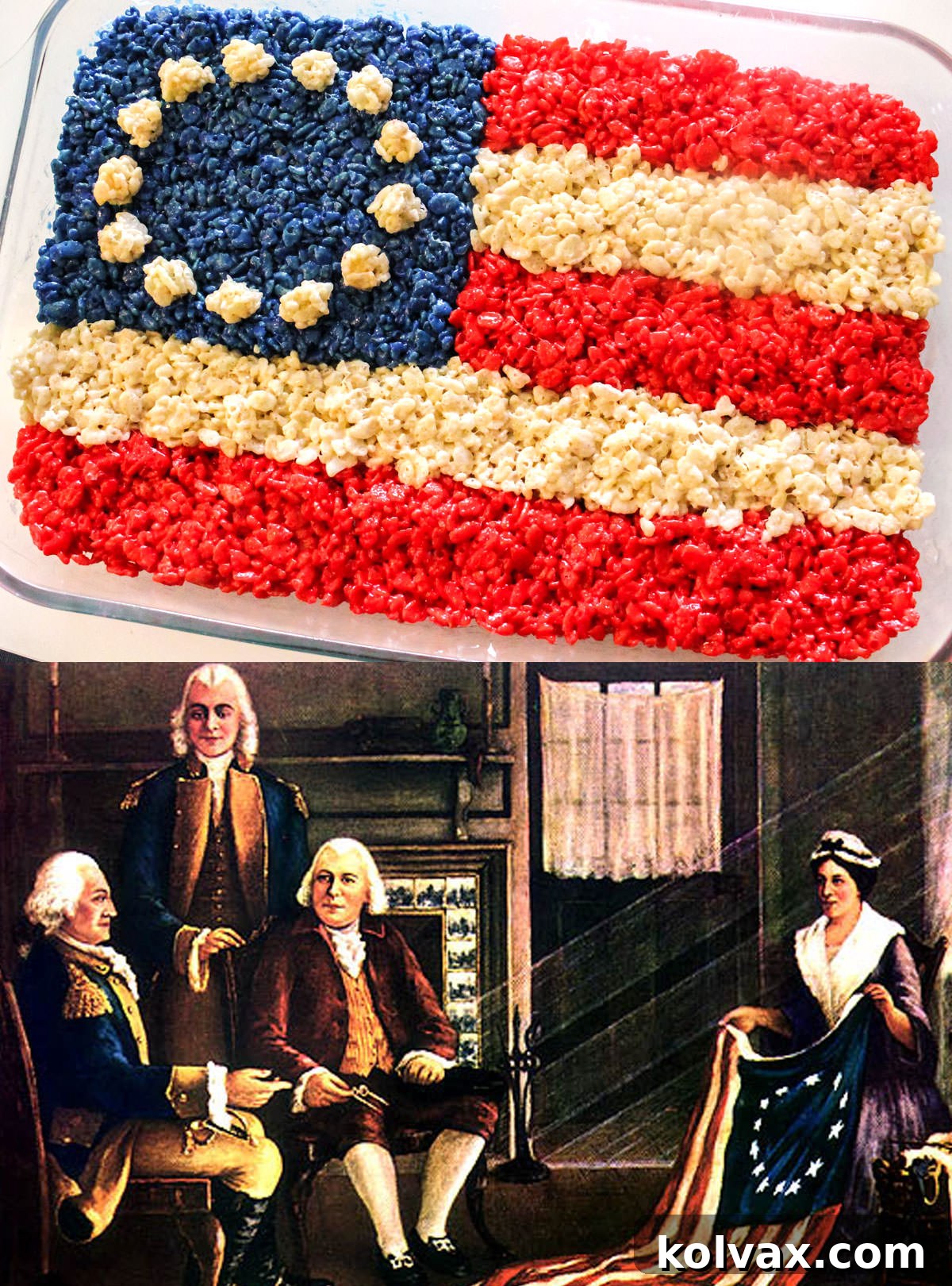 Collage image comparing our American Flag Rice Krispie Treat with a vintage painting of Betsy Ross holding an American Flag.