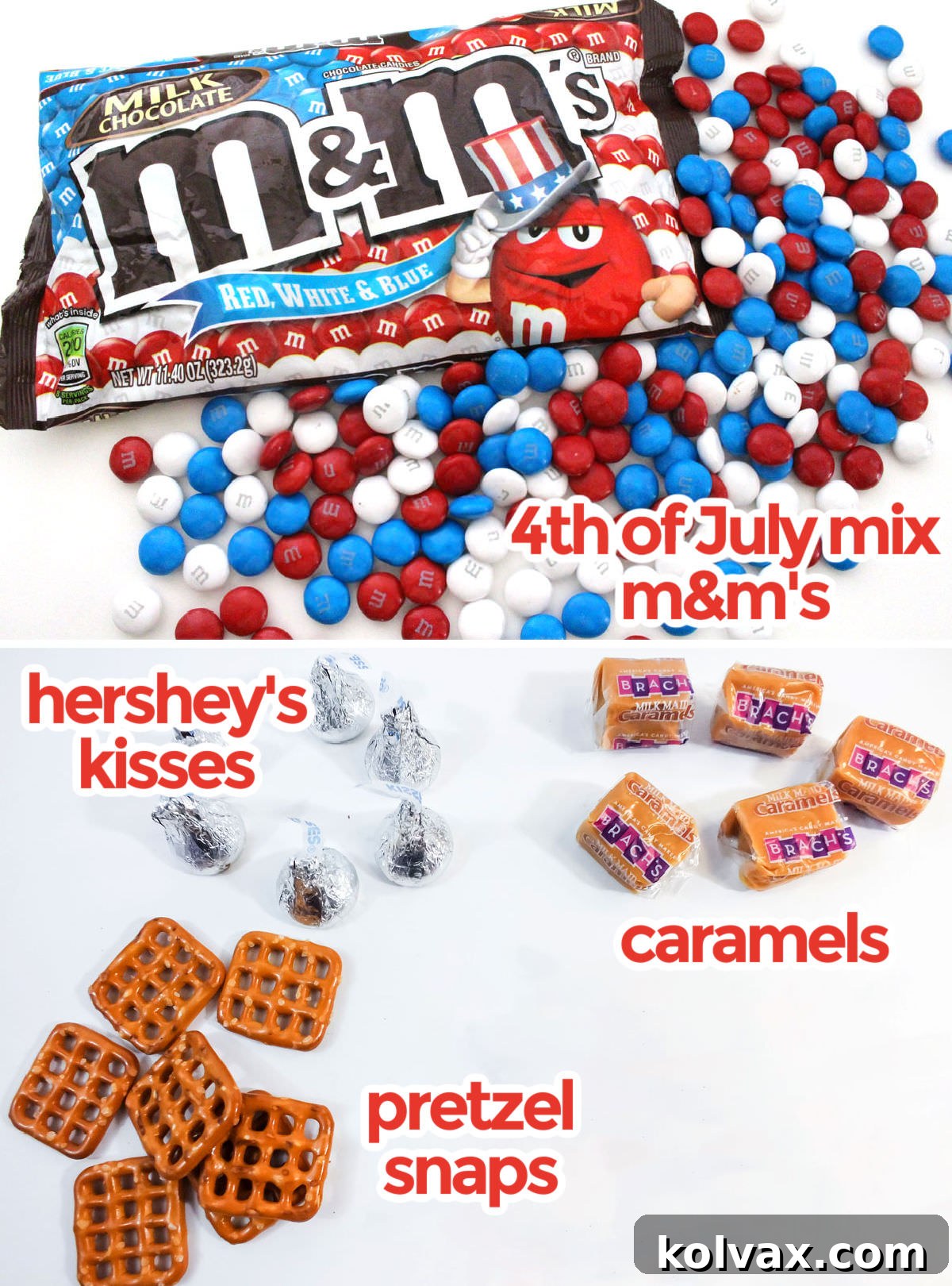 A flat lay photograph displaying all the key ingredients for Patriotic Caramel Pretzel Bites: Red, White, and Blue M&M's, a bag of soft caramel candies, Hershey's Kisses, and square pretzel snaps, ready for preparation.