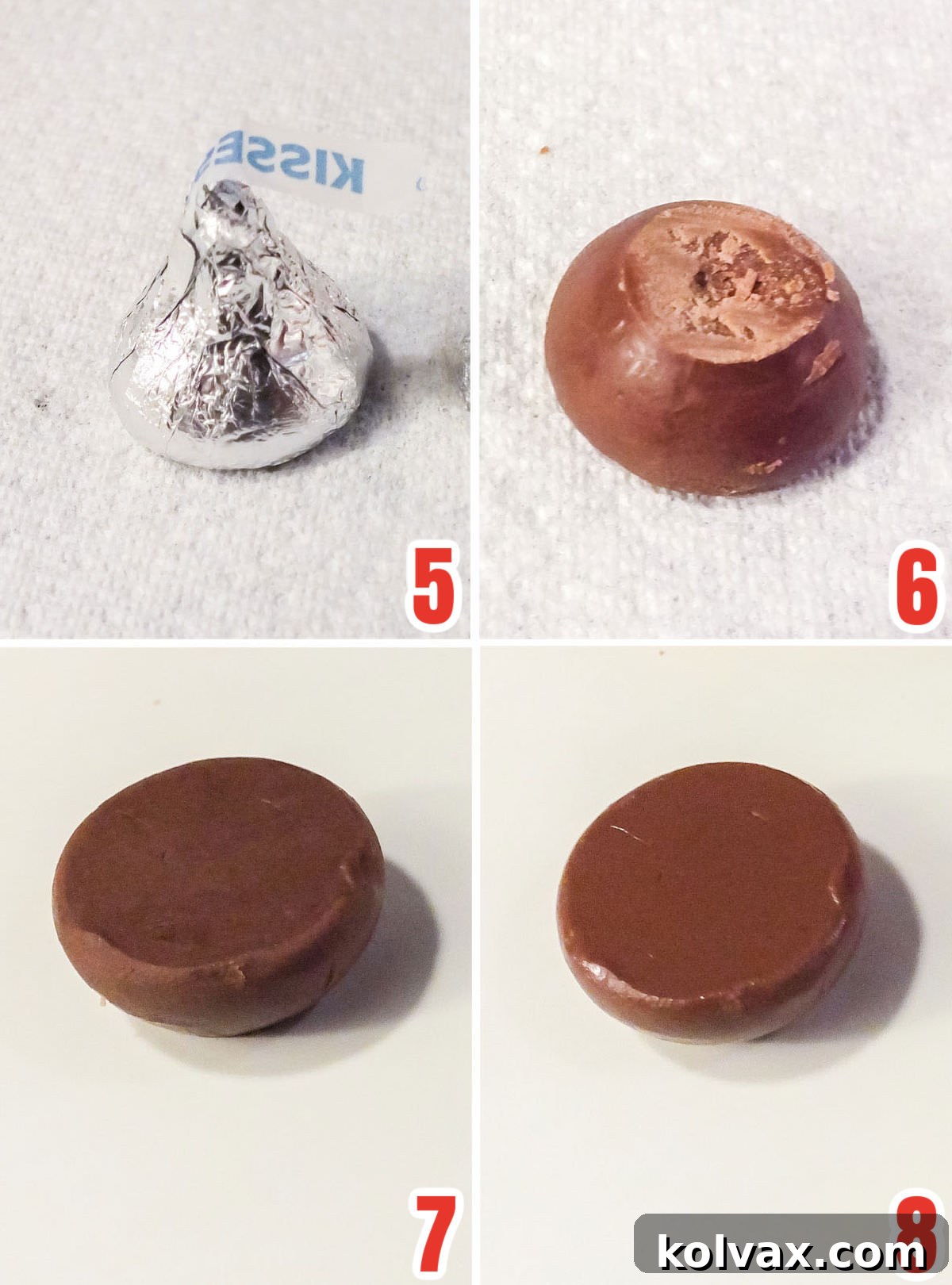 A step-by-step collage demonstrating how to prepare Hershey's Kisses for pretzel bites: unwrapping the chocolate, slicing off the pointy top, and arranging them cut-side down for melting.