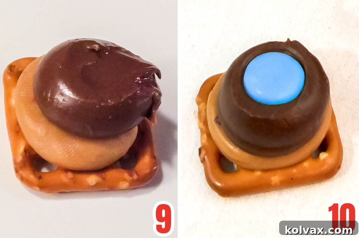 A collage image depicting the final assembly step of Patriotic Caramel Pretzel Bites: pressing a colored M&M onto the softened Hershey's Kiss and then transferring the chocolate disc onto the caramel-covered pretzel.