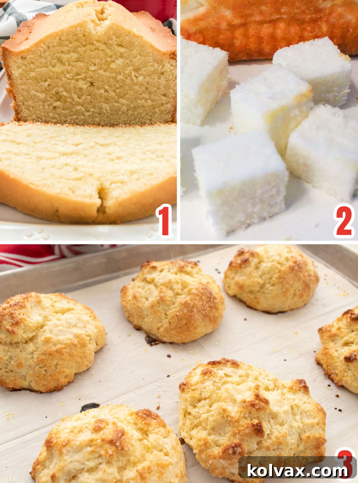 Collage image showing three different options for the cake layer including pound cake, angel food cake and homemade sweet biscuits.