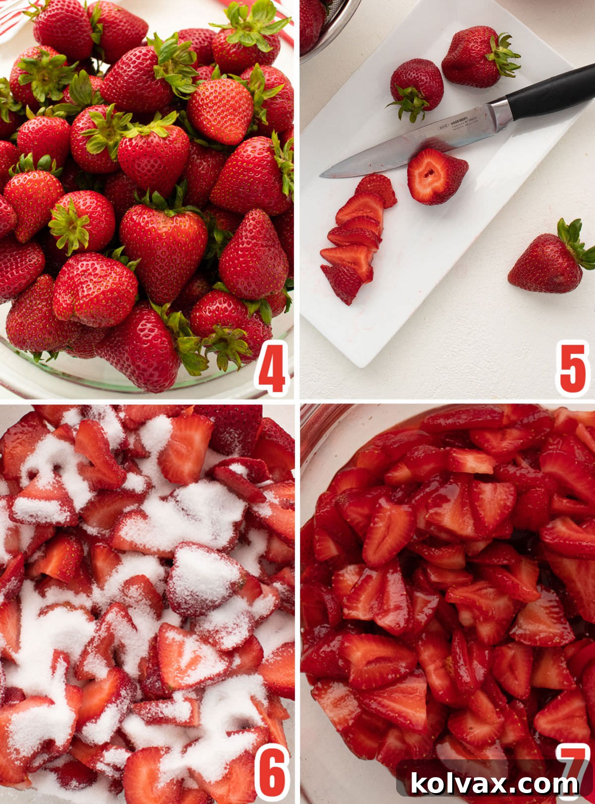 Collage image showing how to prepare fresh strawberries to be used in Strawberry Shortcake.