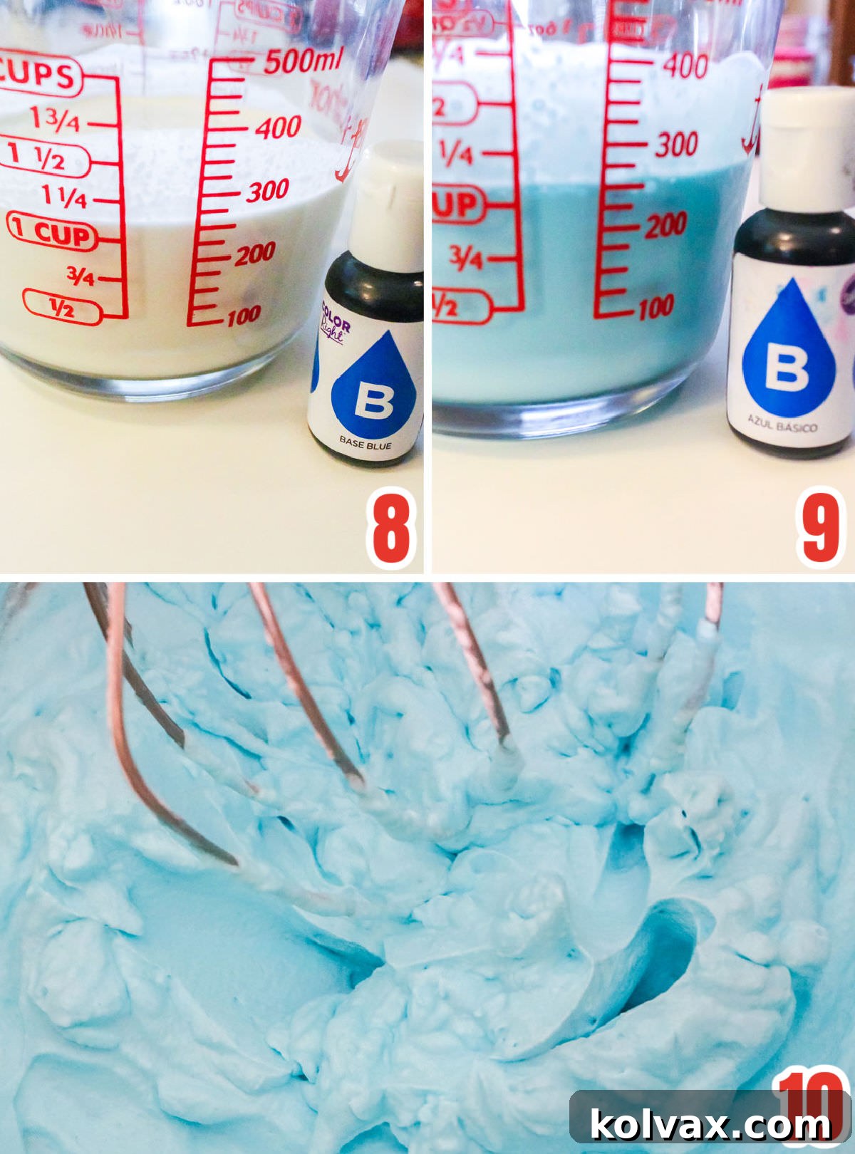 Collage image showing the steps for tinting homemade whipped cream blue.