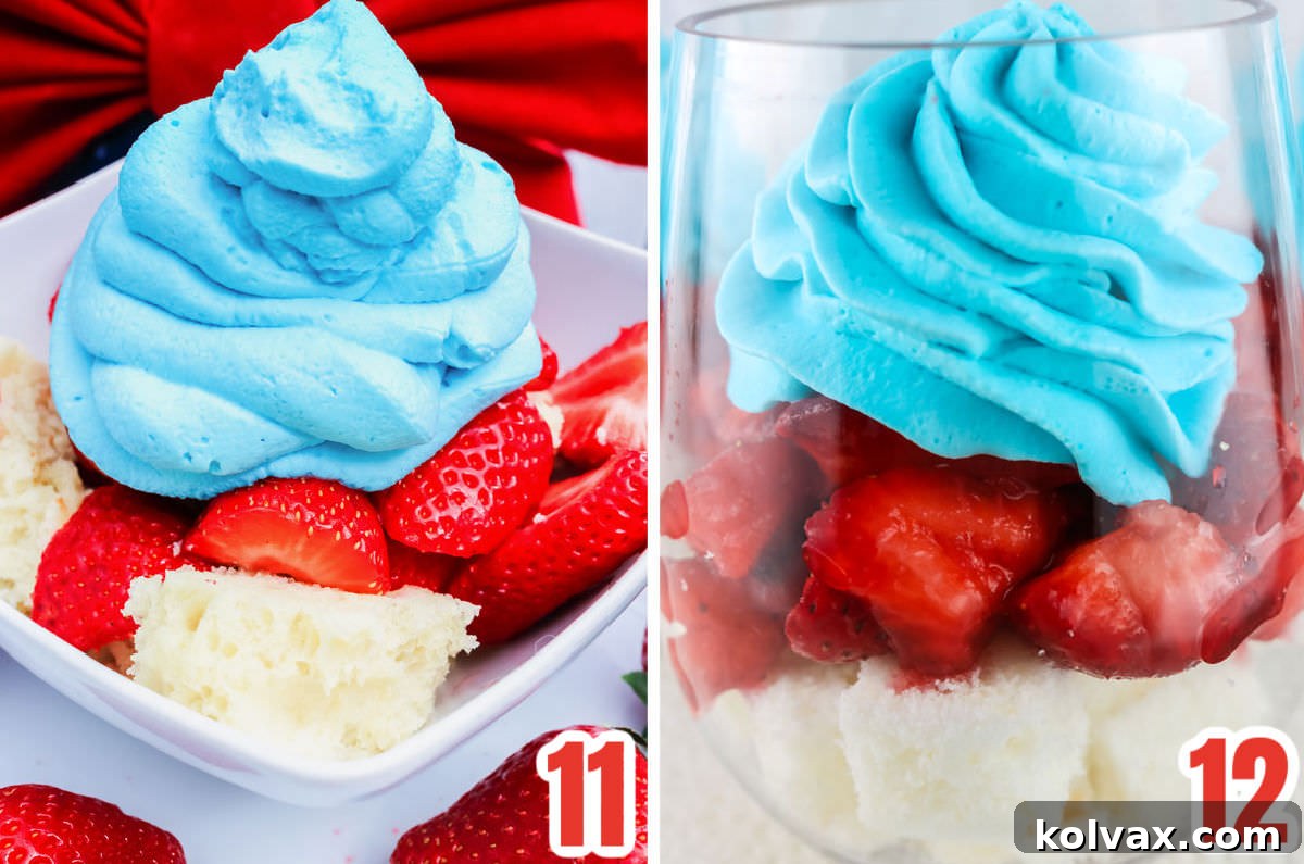 Collage image showing two different ways to serve the Patriotic Red White and Blue Strawberry Shortcake.