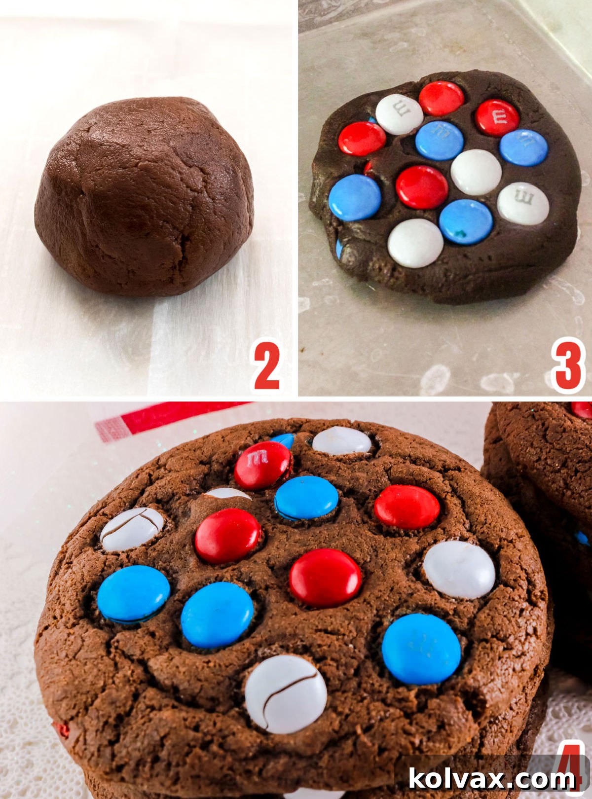 Collage image showing the steps required for pressing the Red White and Blue M&M's onto the chocolate cookies.