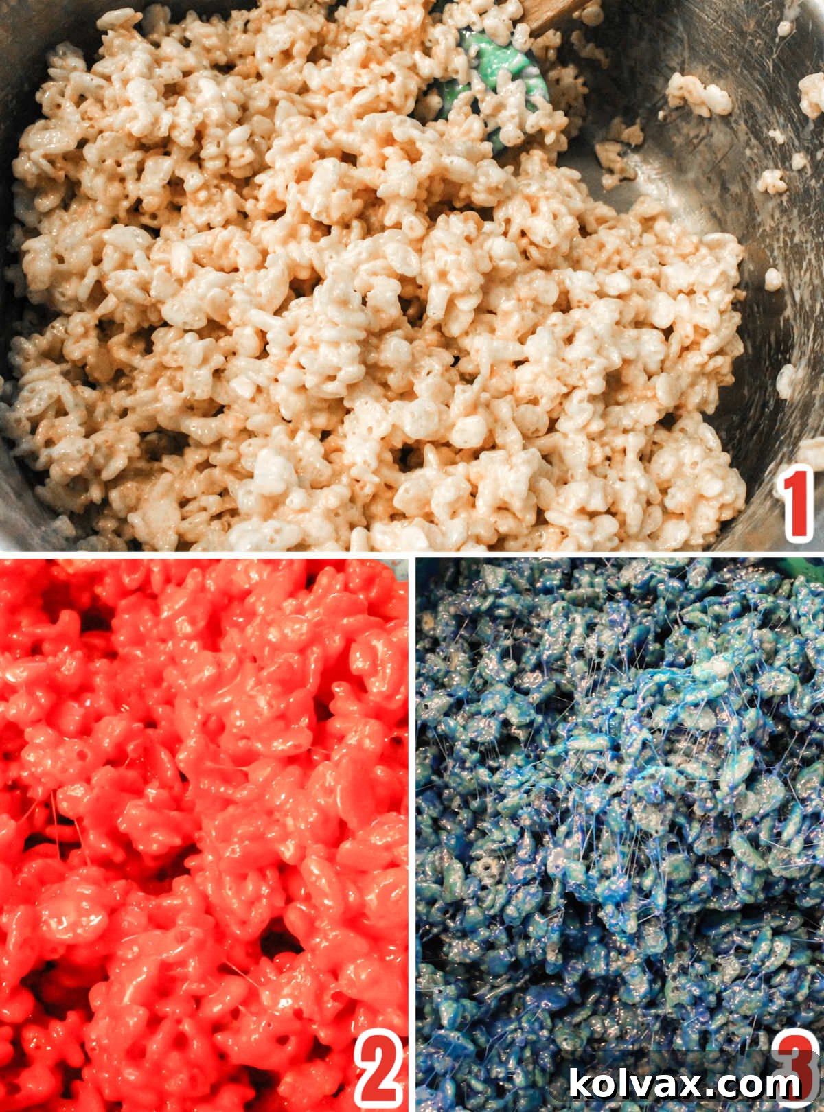 Collage image showing the step-by-step process of tinting the Rice Krispie Treat mixture into distinct Red, White, and Blue layers.