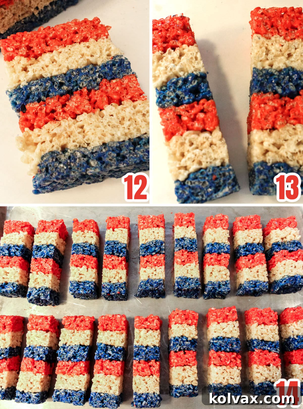 Collage image showing how to trim and cut the Rice Krispie Treat sticks for a clean, firecracker appearance.