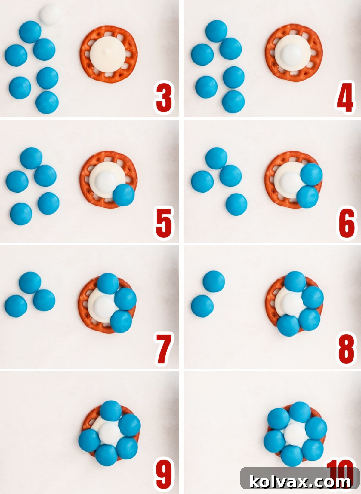 Collage image showing the steps for pressing the M&M's into the melted white chocolate to make a flower.