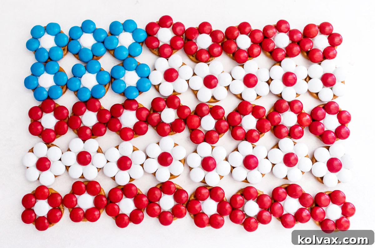 Overhead shot of Patriotic Flower Pretzel Bites arranged in the shape of an American Flag.