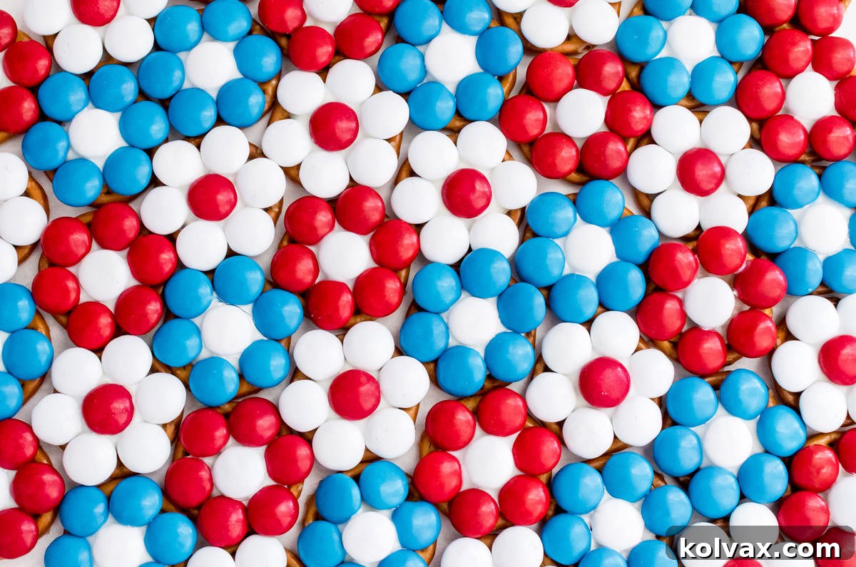 Overhead shot of a full batch of Patriotic Flower Pretzel Bites.