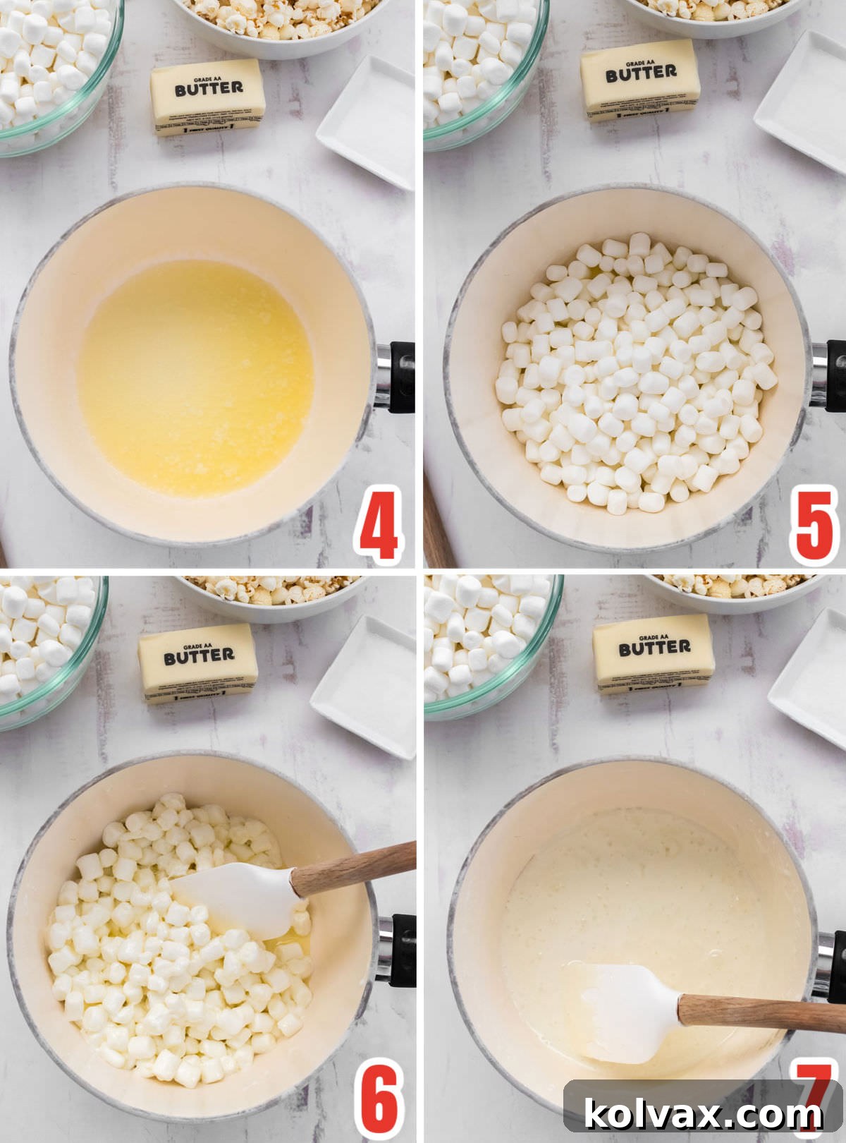 A four-panel collage demonstrating the preparation of the marshmallow mixture. Images show butter melting in a saucepan, mini marshmallows added to the melted butter, the mixture being stirred as marshmallows soften, and finally, a smooth, melted marshmallow mixture ready to coat the popcorn.