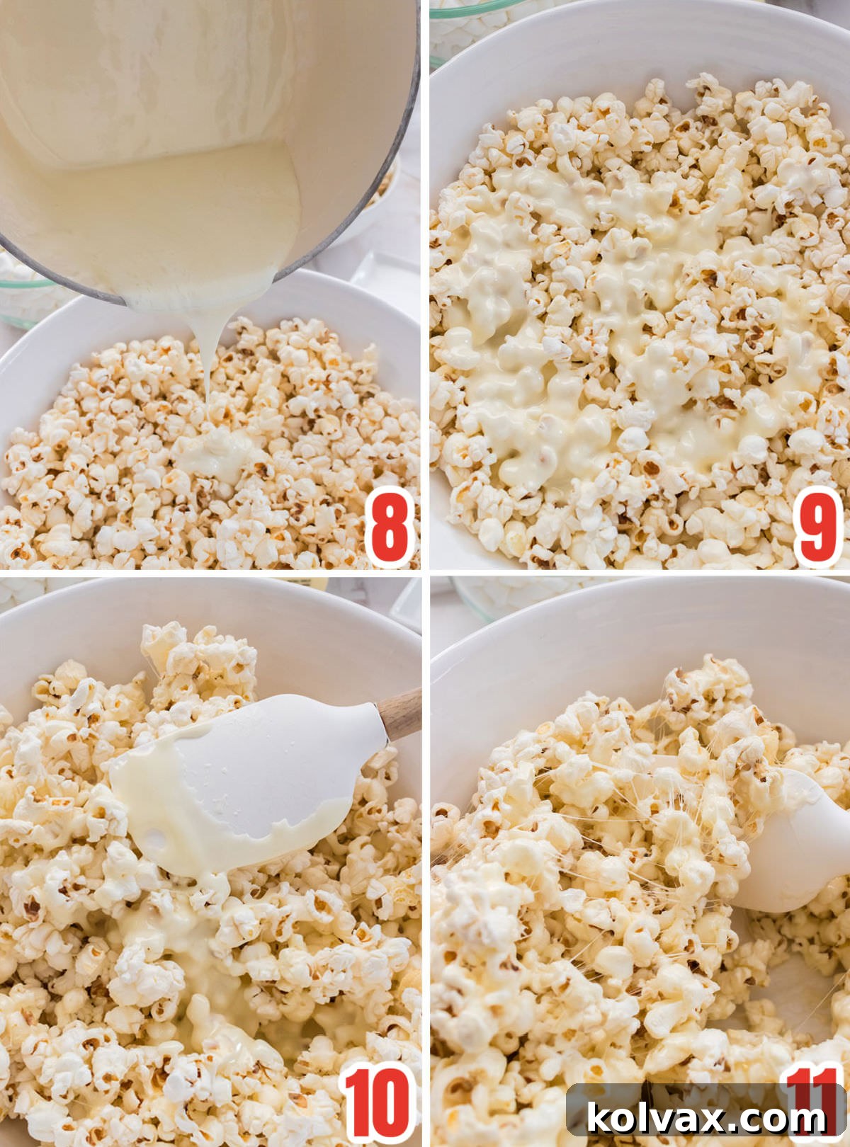 A three-panel collage illustrating the process of coating popcorn with marshmallow mixture. Images show the gooey marshmallow being poured over salted popcorn in a large bowl, followed by gentle folding with a spatula to ensure even coating, resulting in a bowl full of uniformly covered marshmallow popcorn.