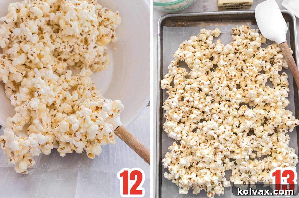 A two-panel collage showing how to prepare and spread the marshmallow-coated popcorn. The first image displays the sticky popcorn being poured onto a parchment-lined cookie sheet, and the second shows a spatula being used to evenly spread the popcorn across the sheet, preparing it for cooling and candy additions.