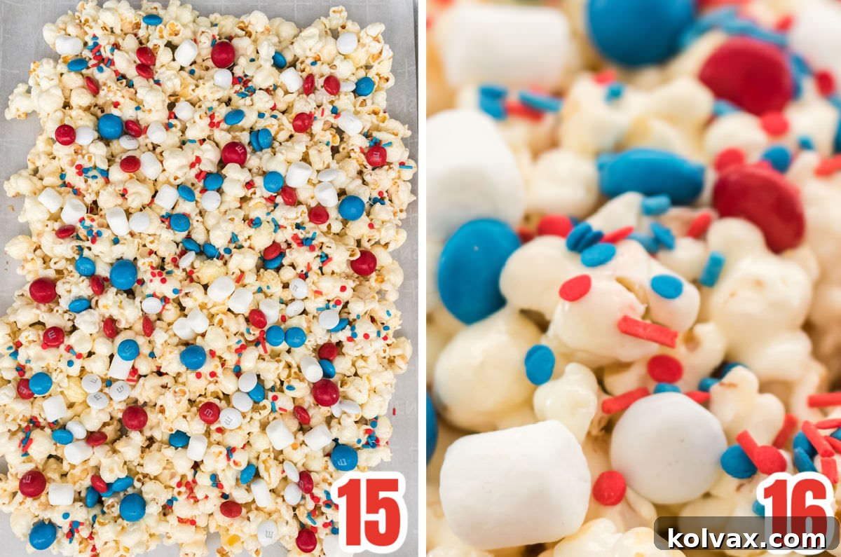 A two-panel collage demonstrating the final steps of making Patriotic Popcorn. The first image shows red, white, and blue candies being sprinkled generously over the warm, marshmallow-coated popcorn on a cookie sheet. The second image displays the finished Patriotic Popcorn, broken into pieces, ready to be served in a festive white bowl.