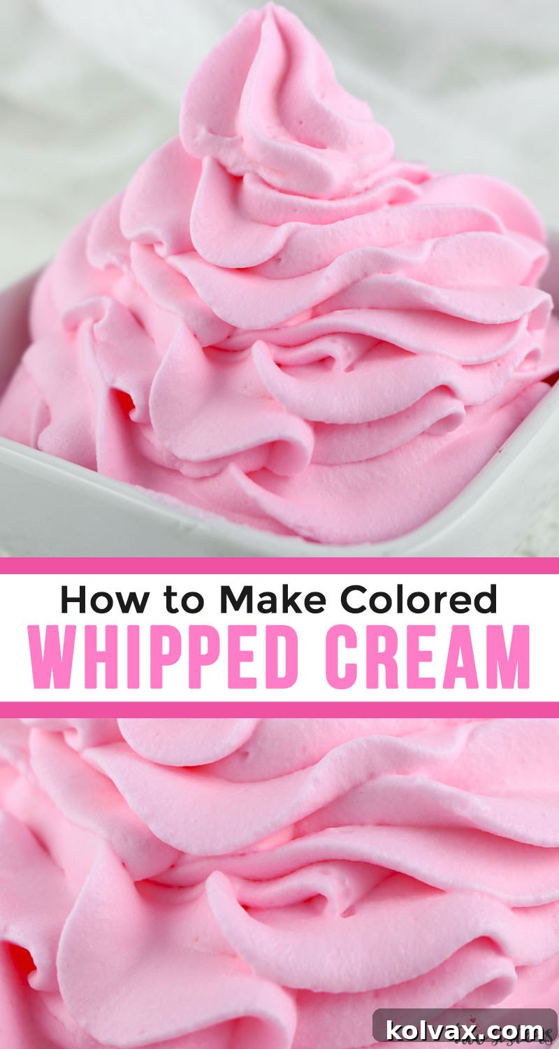 Overhead shot of a delicious dessert adorned with homemade pink colored whipped cream, ready to be enjoyed.