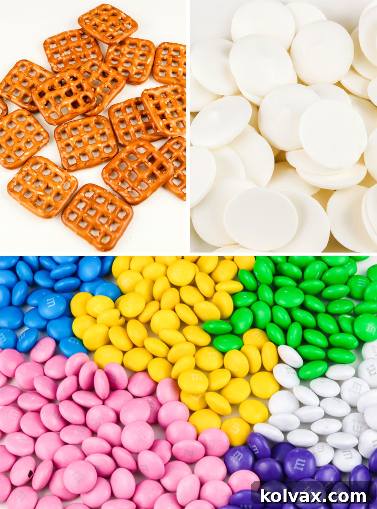 Pretzel Blossom Bites 3 Collage image showing all the ingredients you will need to make Flower Pretzel Bites.