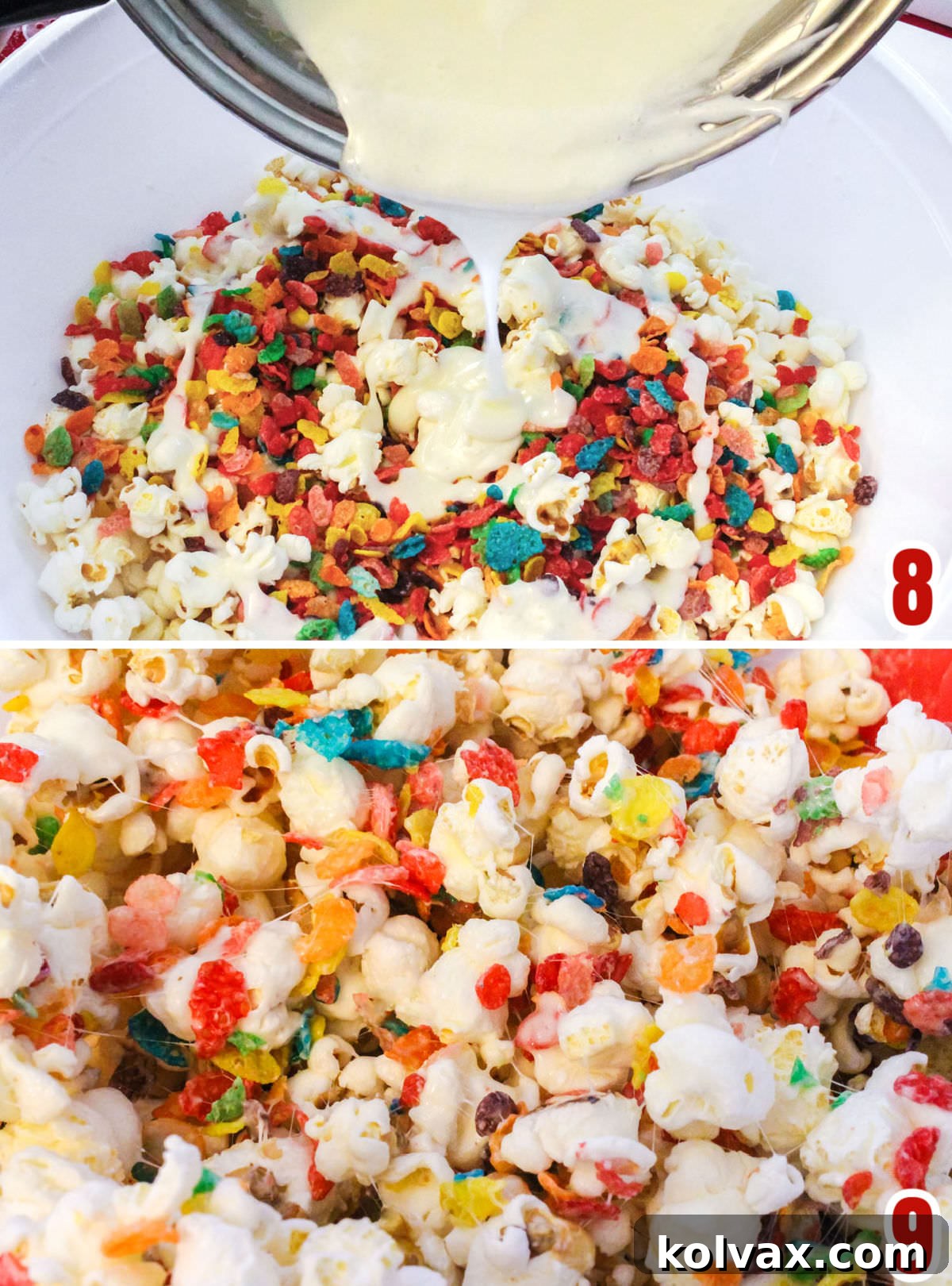 Collage image showing how to mix the marshmallow mixture with the popcorn and the Fruity Pebbles Cereal.