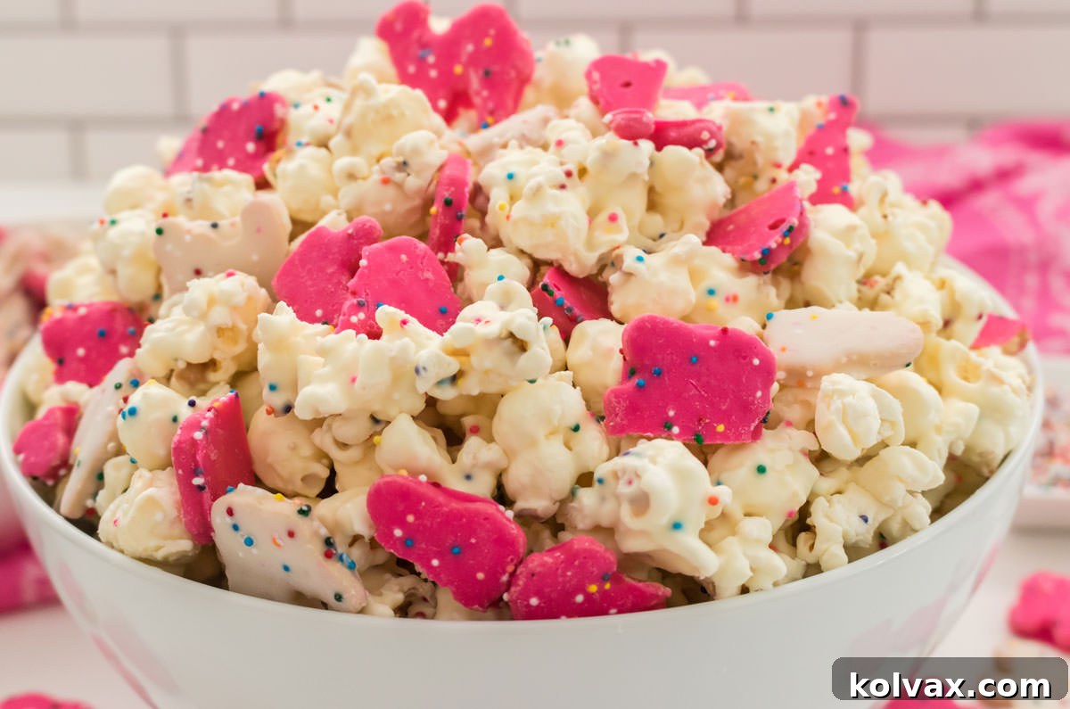Closeup on a white serving bowl filled with Circus Animal Popcorn sitting on a white table with a pink kitchen linen in the background.
