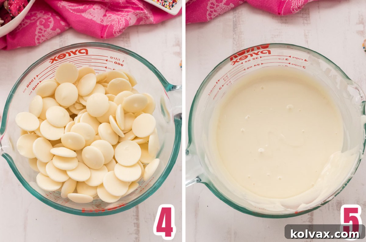 Collage image showing how to melt the white chocolate melting wafers.