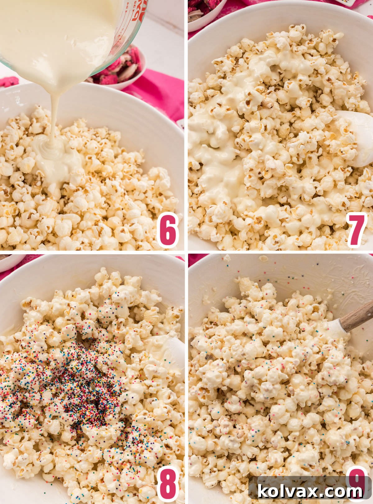 Collage image showing how to mix the white chocolate with the popcorn and sprinkles.
