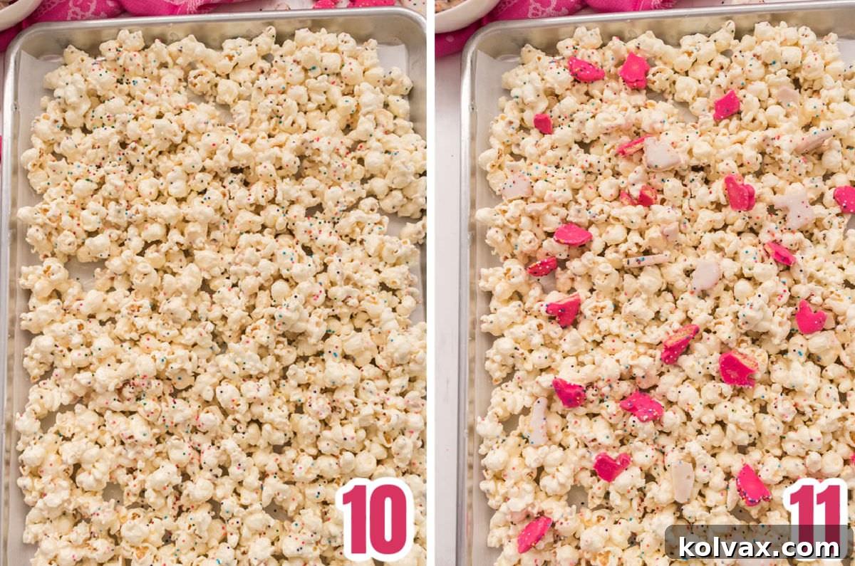 Collage image showing how to use a cookie sheet to cool the popcorn.
