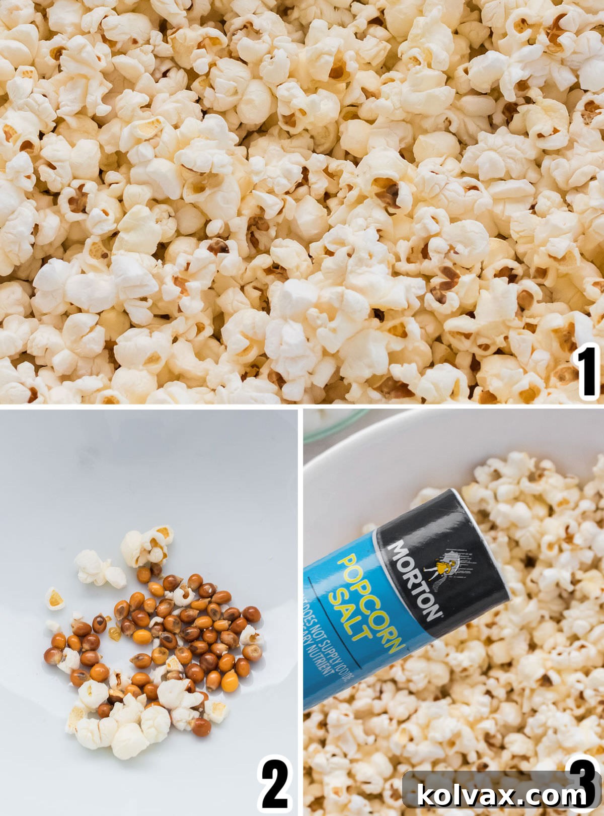 Midnight Cookie Pop 4 A visual guide showing three steps for preparing the popcorn: fresh kernels, popped popcorn in a bowl, and salted popcorn ready for mixing.