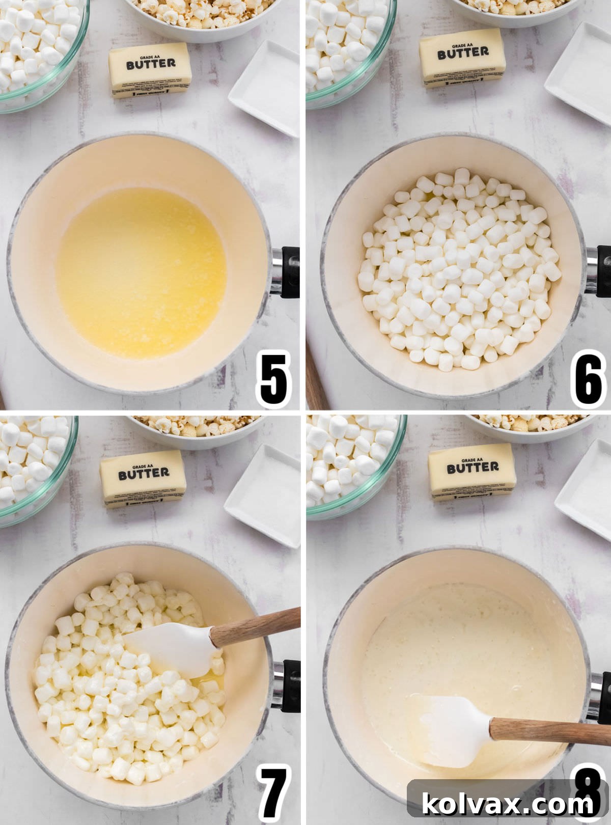 Midnight Cookie Pop 6 A step-by-step collage illustrating the process of preparing the marshmallow mixture: melting butter, adding mini marshmallows, and stirring until fully melted and smooth.