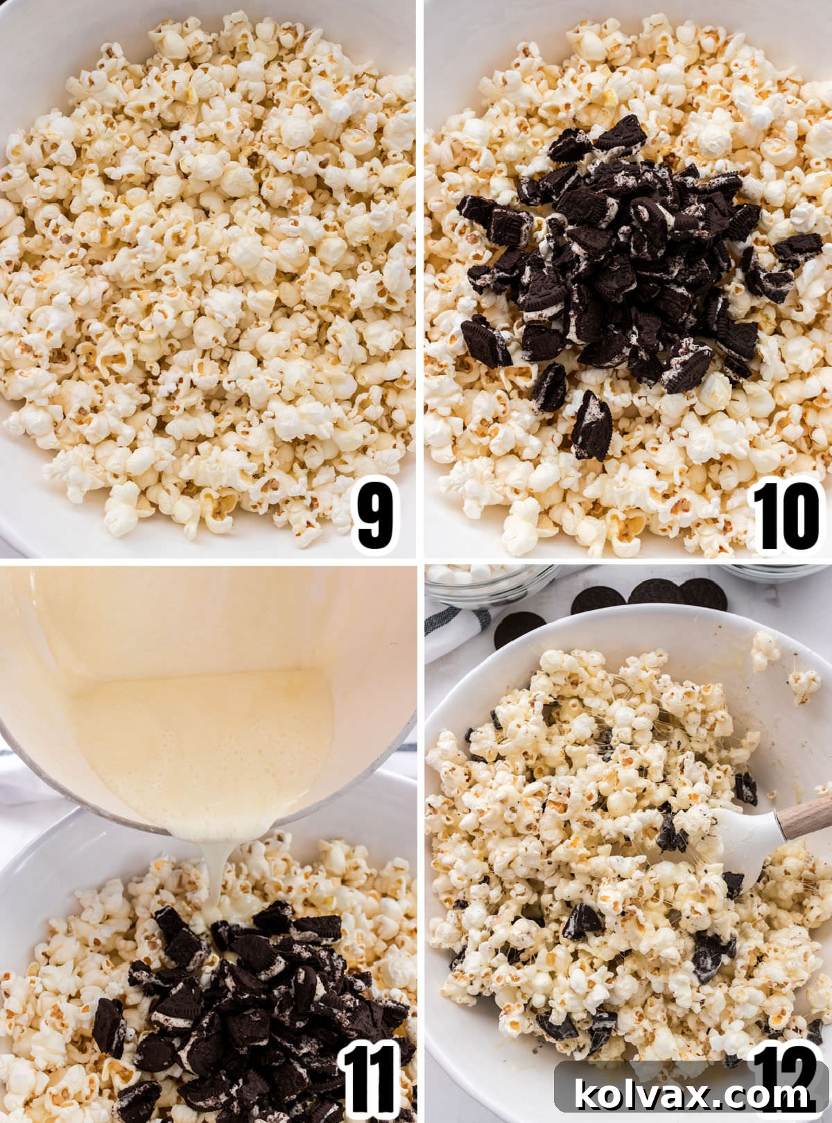 Midnight Cookie Pop 7 A collage demonstrating the steps to combine popcorn and marshmallow mixture: adding popcorn to a bowl, drizzling melted marshmallow, and gently folding to coat.