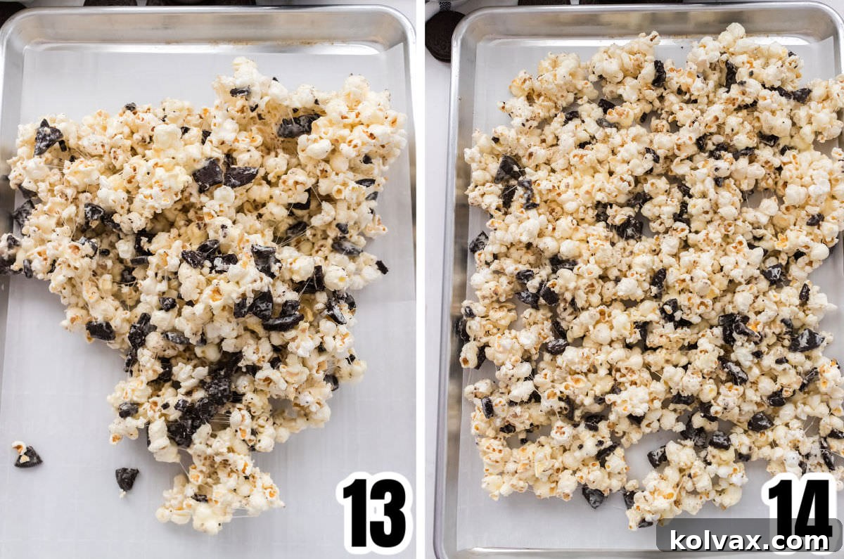 Midnight Cookie Pop 8 A collage depicting the cooling process for Oreo Popcorn: pouring the mixture onto a parchment-lined cookie sheet and spreading it evenly with a spatula.
