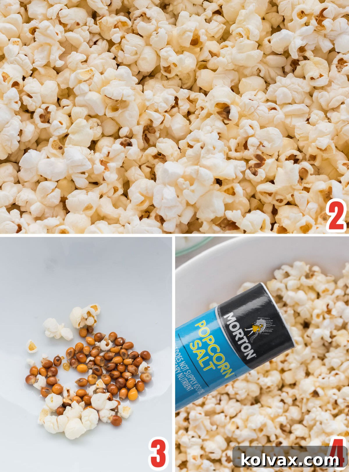 A visual guide showing three steps for making homemade popcorn: kernels in a pot, popping popcorn, and a bowl of freshly popped corn.
