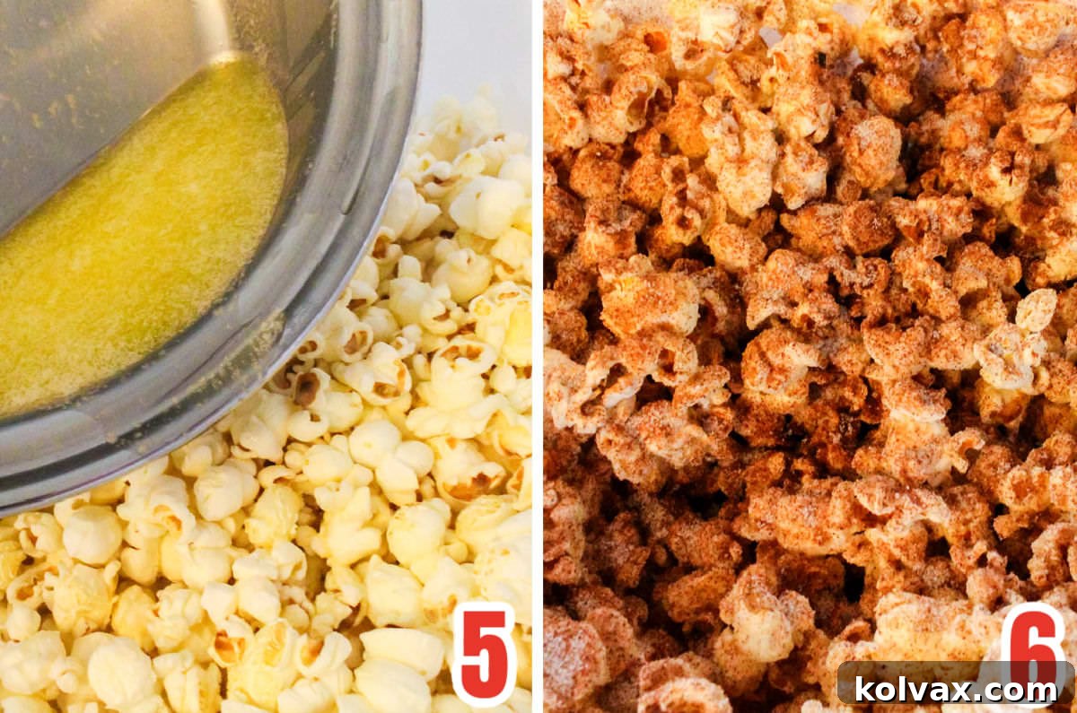 A two-part collage showing the process of making Cinnamon Toast Popcorn: melted butter being drizzled over popcorn, and then cinnamon sugar being sprinkled on top.